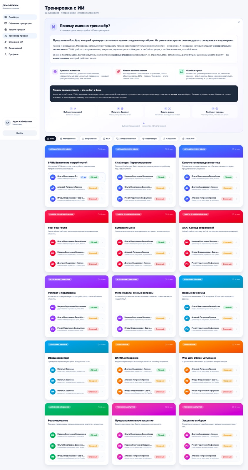 Каталог из 15 сценариев тренажёра с фильтрами по методике, бейджами «пройдено» и лучшими результатами